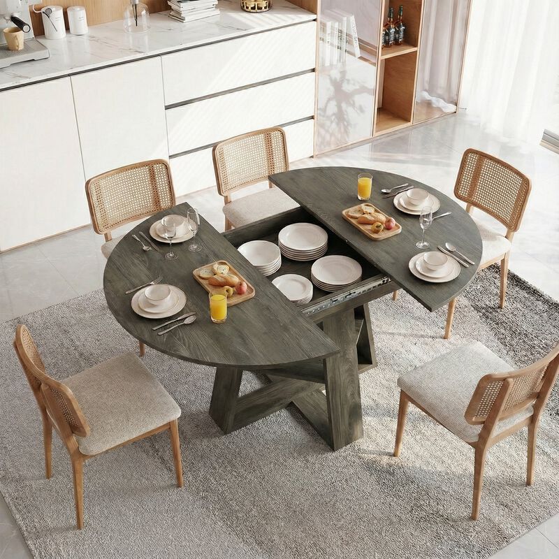 Extendable Round Dining Table for 4-8 People with Storage Shelf image number 3