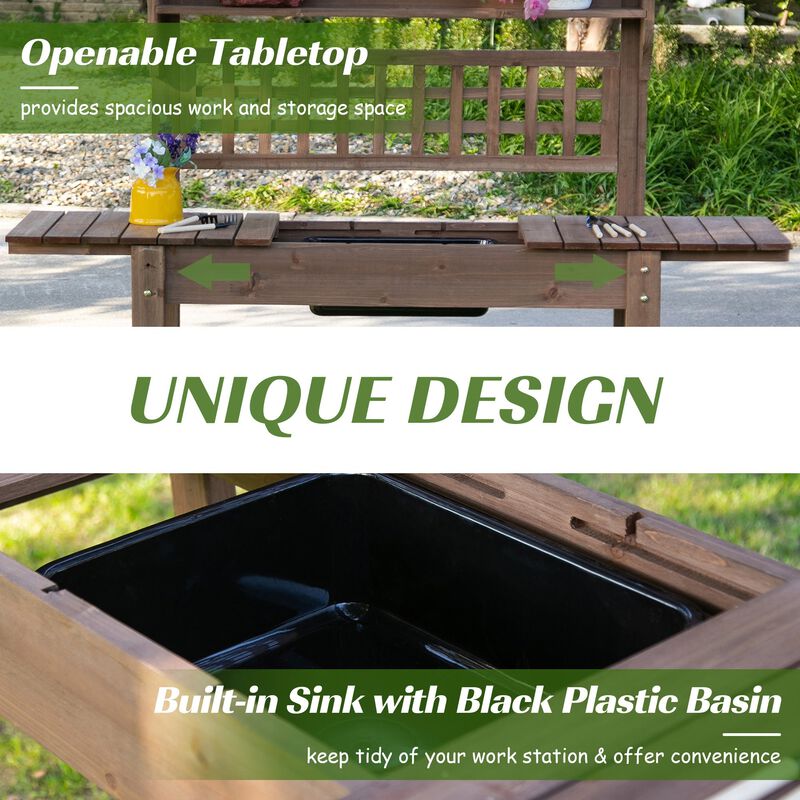 Wooden Garden Station: Potting Bench with Sliding Tabletop and Storage