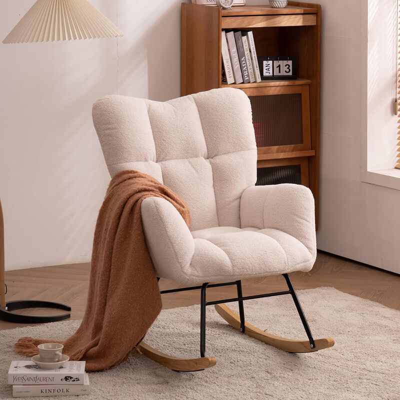 Upholstered Rocking Chair &ndash; Electric Nursery Glider with High Backrest, Teddy Fabric Comfort Rocker for Living Room or Baby Room image number 1