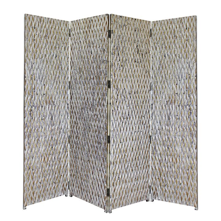 72 Inch 3 Panel Screen, Wood 3D Wavy Pattern, Distressed Gray, Black, Brown-Benzara