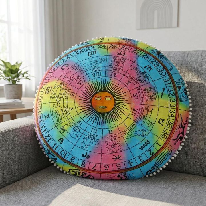 HomeRoots 32" Blue And Pink Floor Round Horoscope Throw Pillow Cover with Pompoms