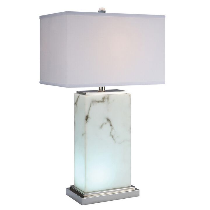 29 Inch Table Lamp, White Marble Stand, Rectangular Shade, Metal Base-Benzara