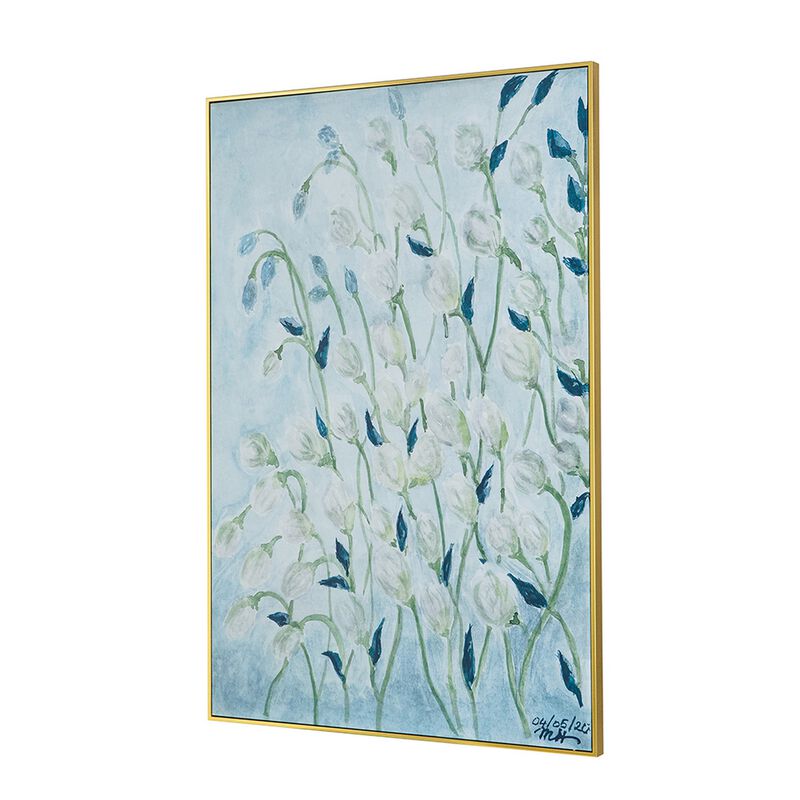 32 x 47 Inch Botanical Wall Art Decor, Blue White Floral Framed Canvas - Benzara