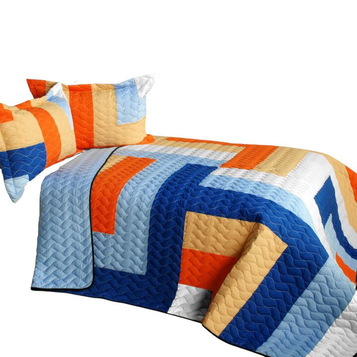 Queen Size 3PC Vermicelli Quilted Patchwork Quilt Set for Bedroom Decor