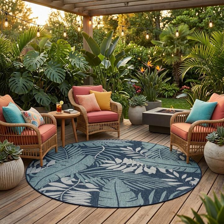 HomeRoots 8' Navy Blue And Ivory Round Floral Indoor Outdoor Area Rug