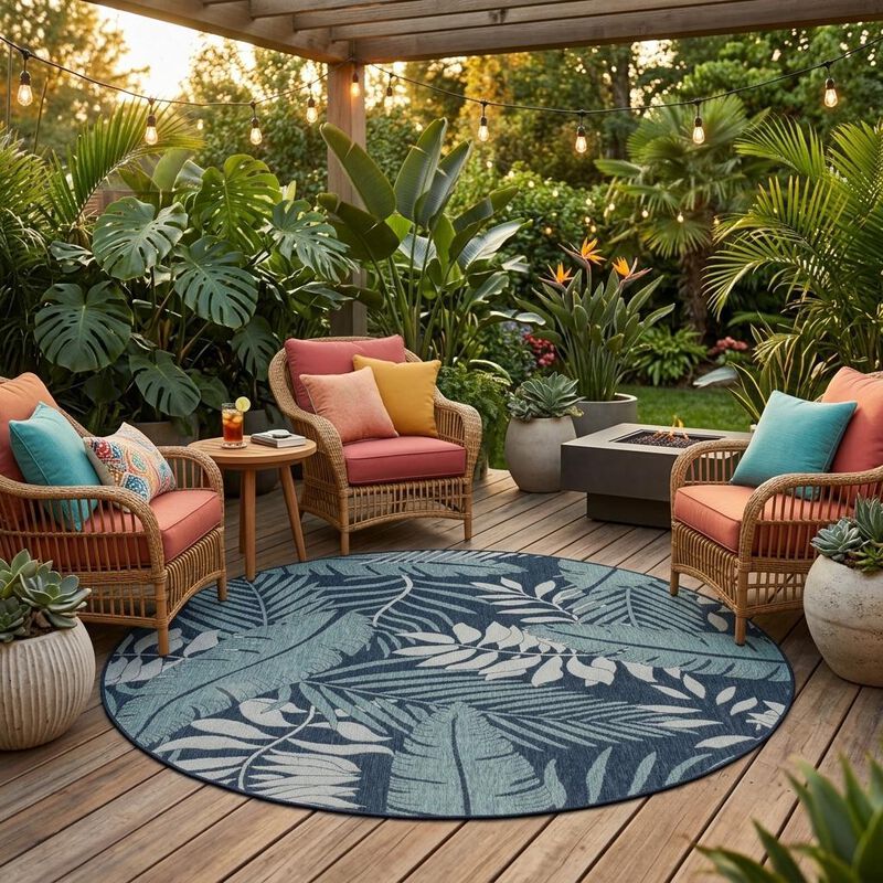 HomeRoots 8' Navy Blue And Ivory Round Floral Indoor Outdoor Area Rug image number 1