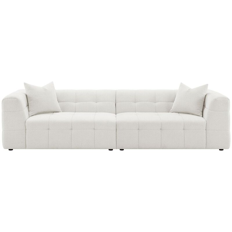 Lopo 114 Inch Long Sofa, Grid Tufted Off White Fabric 2 Accent Pillows