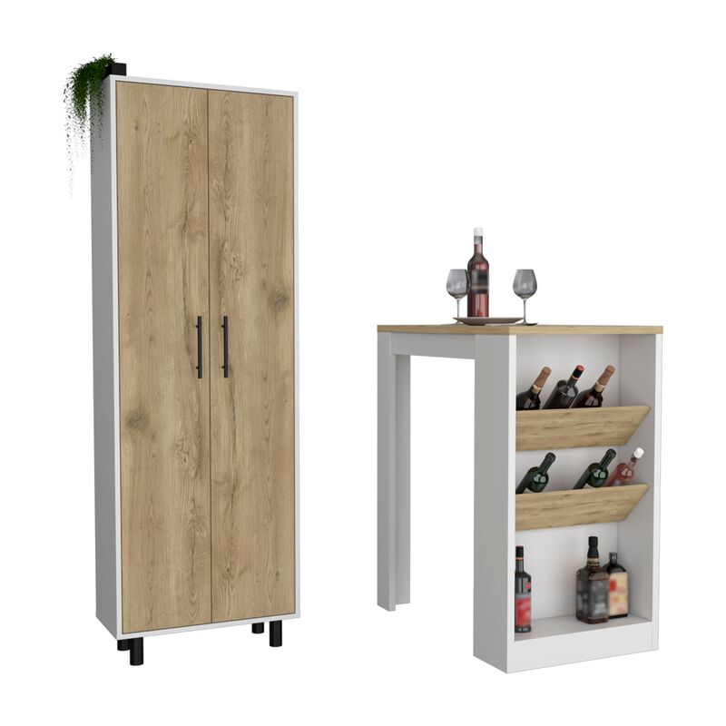 Reston 2 Piece Kitchen Set, Kitchen Island + Pantry Cabinet, White / Light Oak