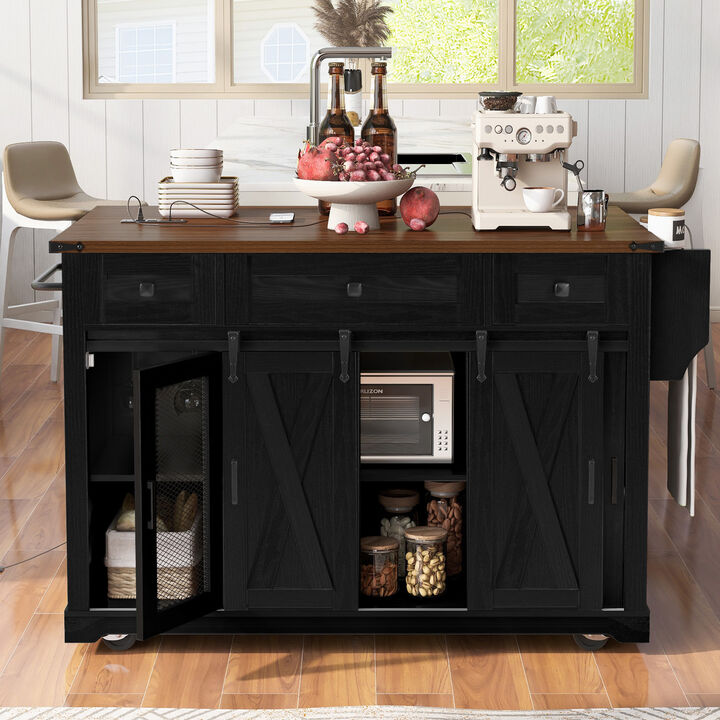 Merax Farmhouse Kitchen Island with Storage, Sliding Barn Door & Metal Grid Side Door