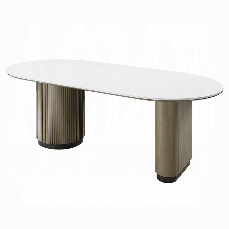 Jeh Dining Table, 87 Inch White Oval Top, Dual Pedestal Base, Oak Brown image number 3