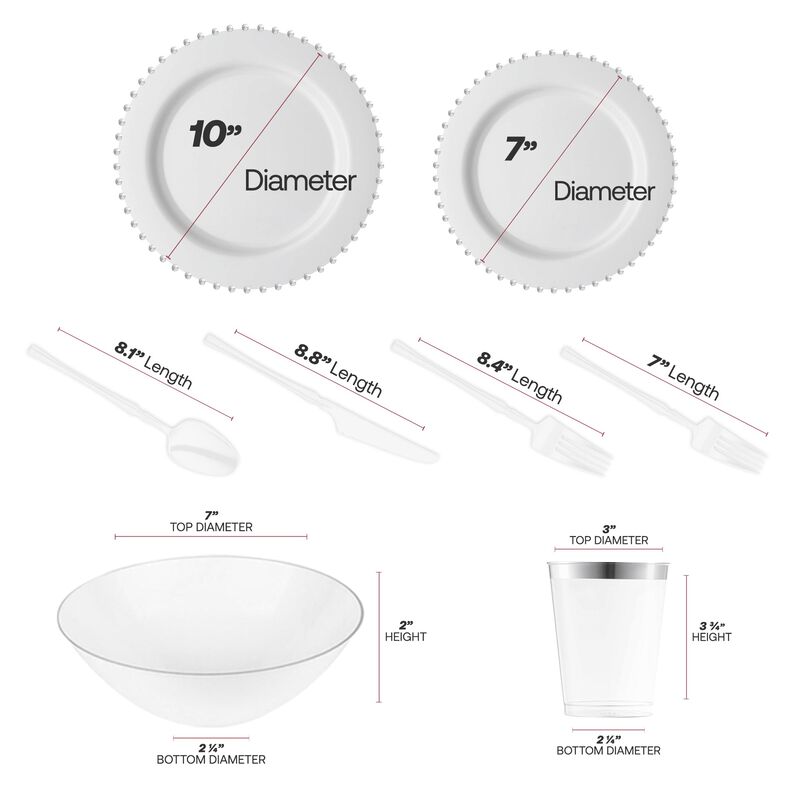 White with Silver Pearl String Round Plastic Tableware Set (60 Sets) image number 4