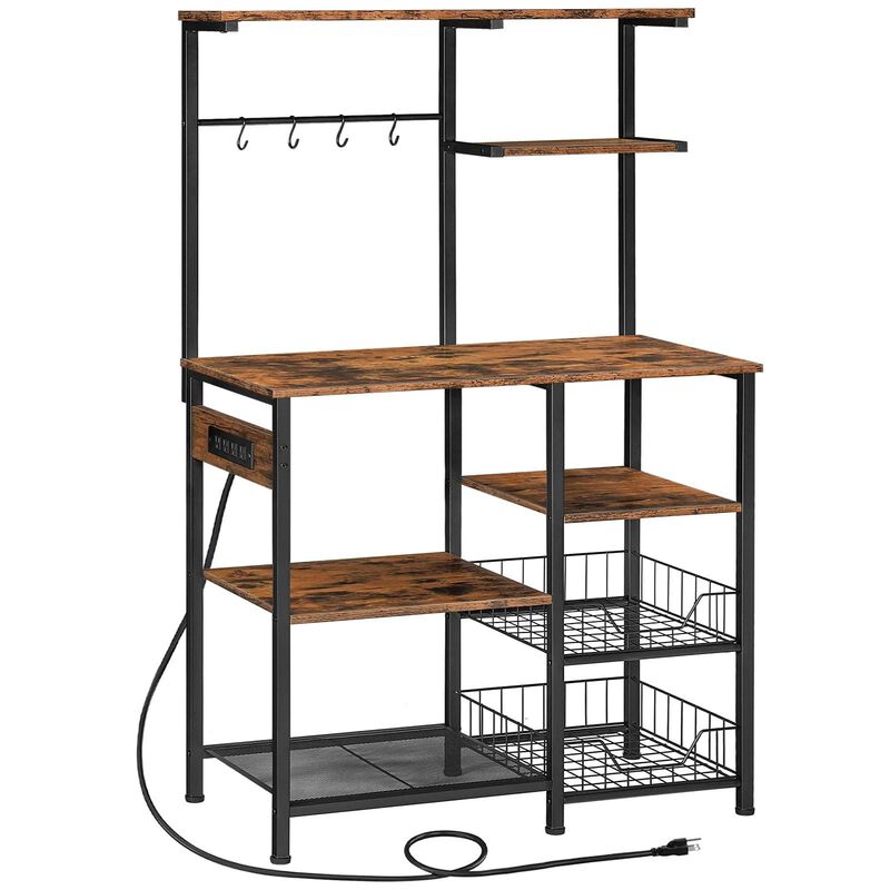 Kitchen Bakers Rack with 6 Tiers and Built-In Power Outlets for Appliances-Brown image number 0