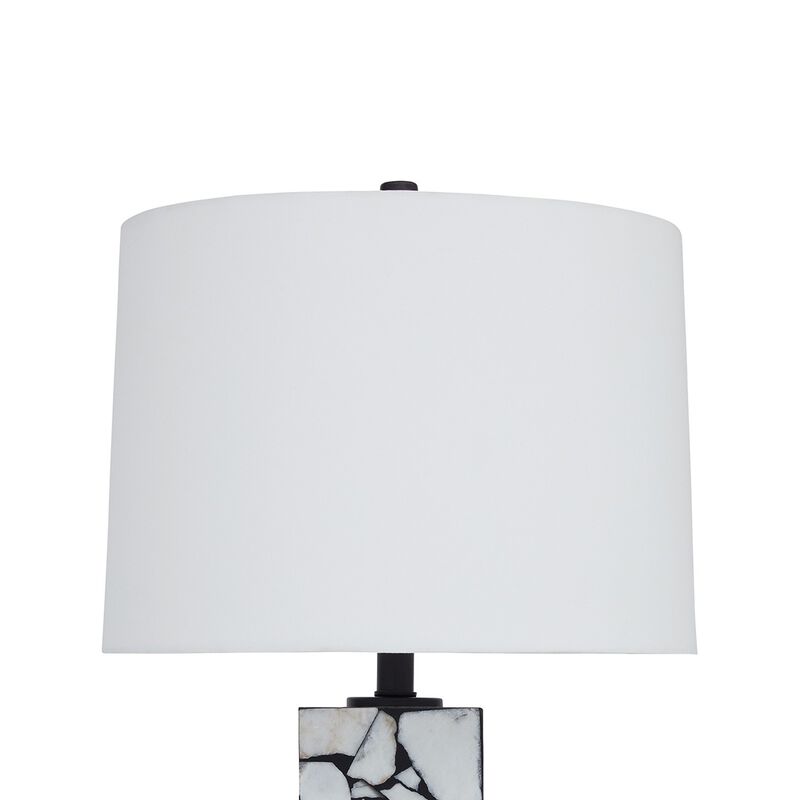 28 Inch Table Lamp, Drum Shade, Black and White Mosaic Marble Art Resin - Benzara