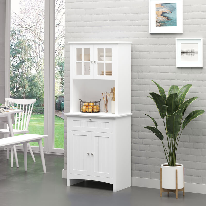 HOMCOM Elegant Buffet with Hutch, Kitchen Pantry Storage Cabinet with Framed Glass Door Drawer and Microwave Space, White