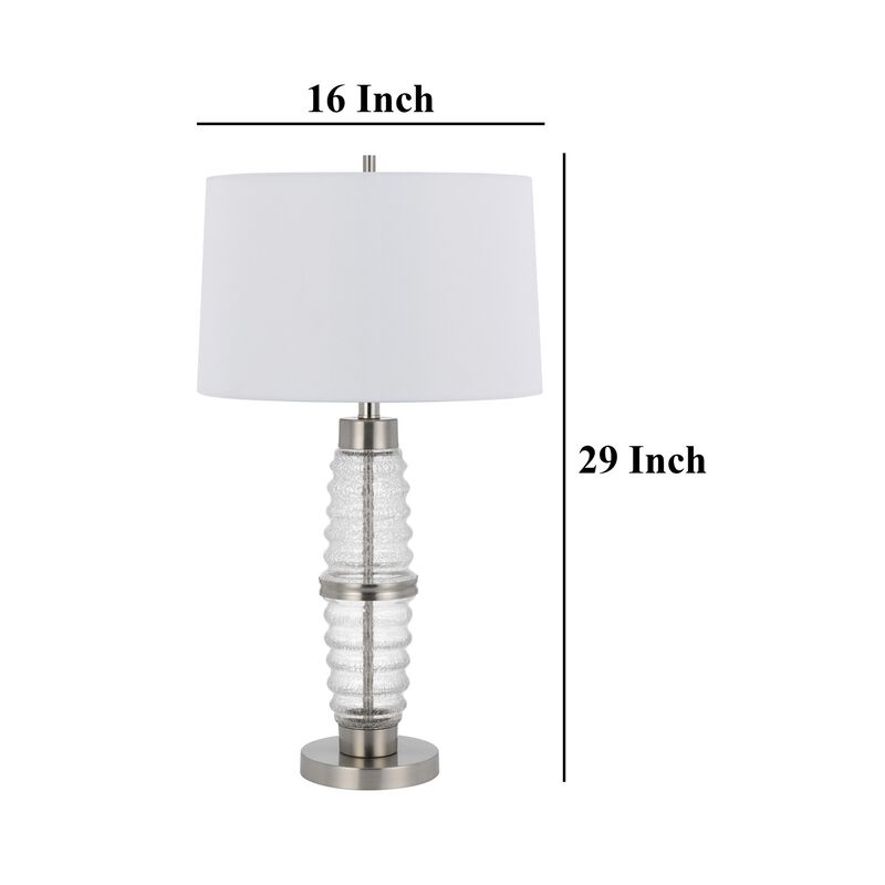 Maci 29 Inch Table Lamp, Accent Crackled Clear Glass, White Drum Shade - Benzara