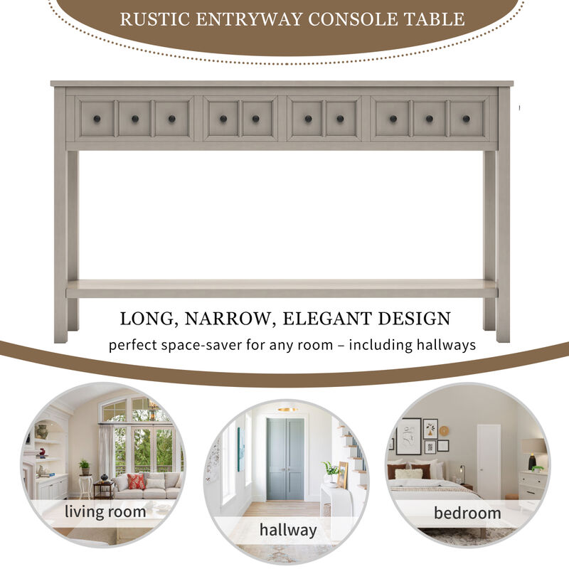 Rustic Entryway Console Table, 60" Long Sofa Table with Two Different Size Drawers and Bottom Shelf for Storage