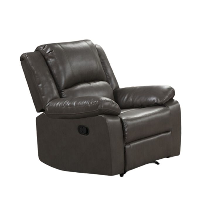 Lizzy Manual Glider Recliner Chair, Pillow Arms, Solid Wood, Gray Leather - Benzara