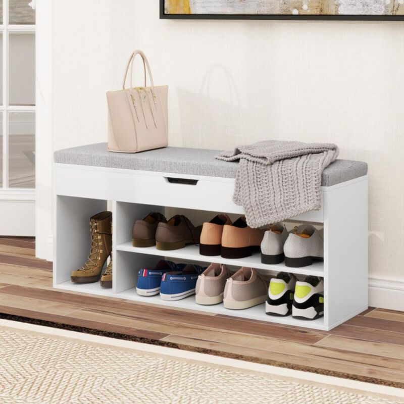 Hivvago Padded Seat Shoe Bench with Hidden Storage and 3 Open Shelves