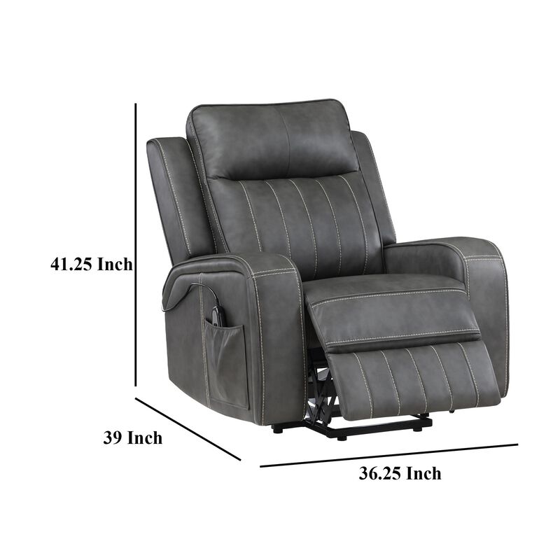 Josen Power Recliner Chair, 36 Inch Gray Faux Leather, Track Armrests - Benzara