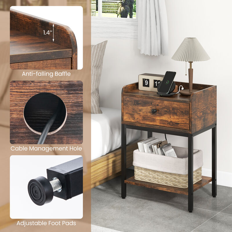 Industrial Bedside Table Nightstand with Charging Station-Rustic Brown image number 7
