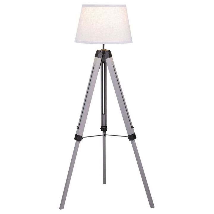 56 Inch Floor Lamp, White Tapered Drum Shade, Weathered Gray Tripod Base - Benzara