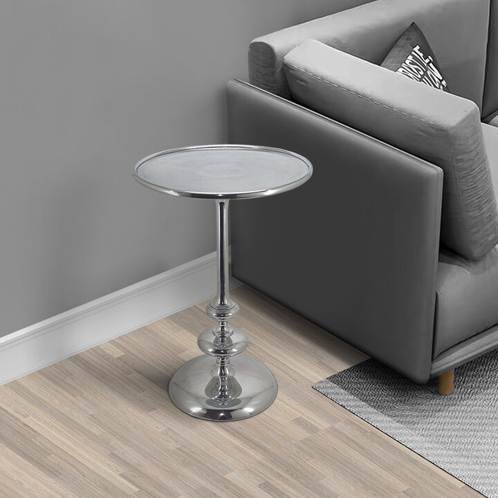 23 Inch Modern Aluminum Side Table, Round Tabletop and Base, Carved, Silver - Benzara