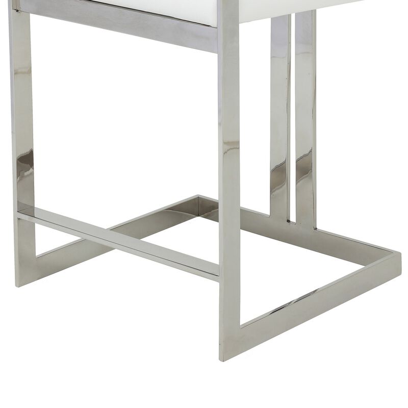 Suki 26 Inch Counter Stool Chair, White Faux Leather, Stainless Steel - Benzara
