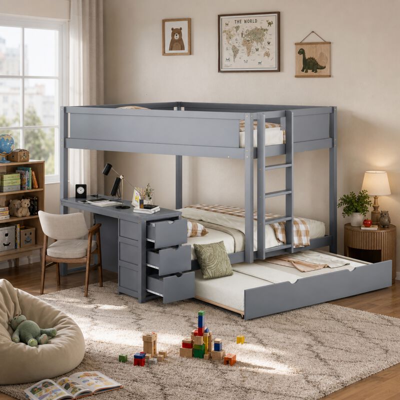 Whisen Full-Over-Full Bunk Bed with Trundle Desk Drawers, Solid Wood for Bedroom Kids image number 1
