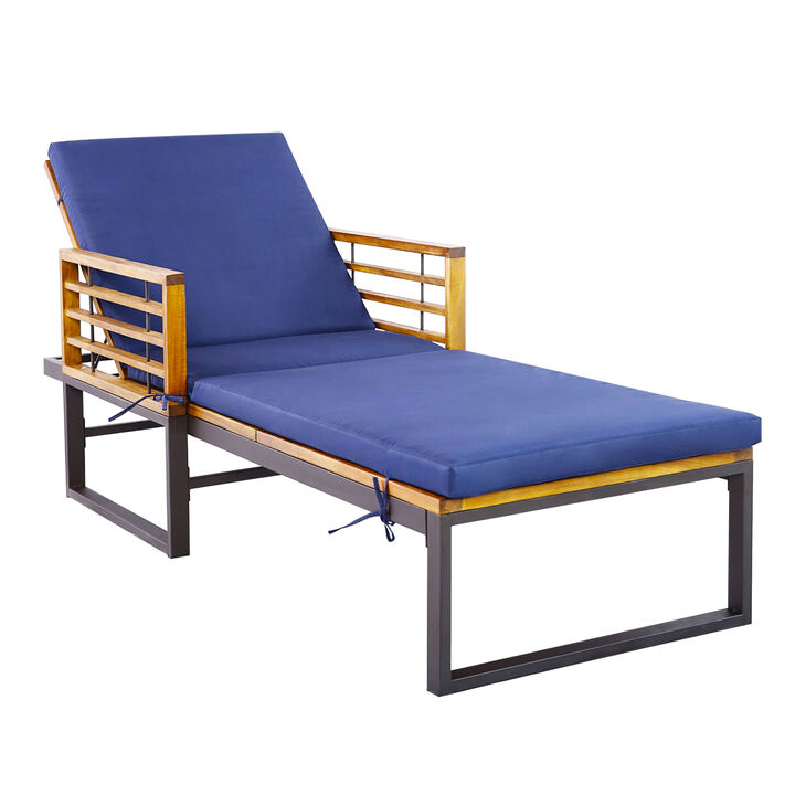 Adjustable Cushioned Patio Chaise Lounge Chair with 4-Level Backrest-Navy
