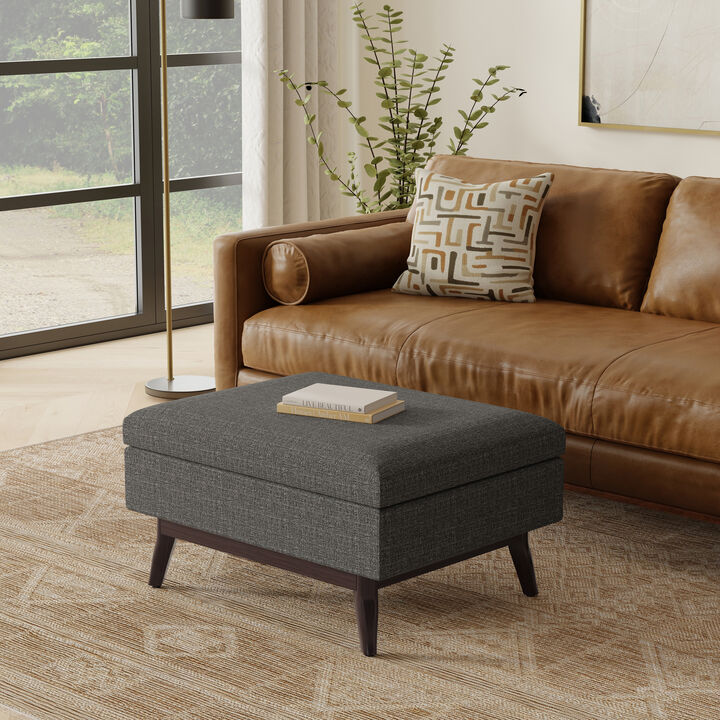 Owen 34 inch Wide Mid Century Modern Rectangle Coffee Table Storage Ottoman in Ebony Tweed Look Fabric, Assembled