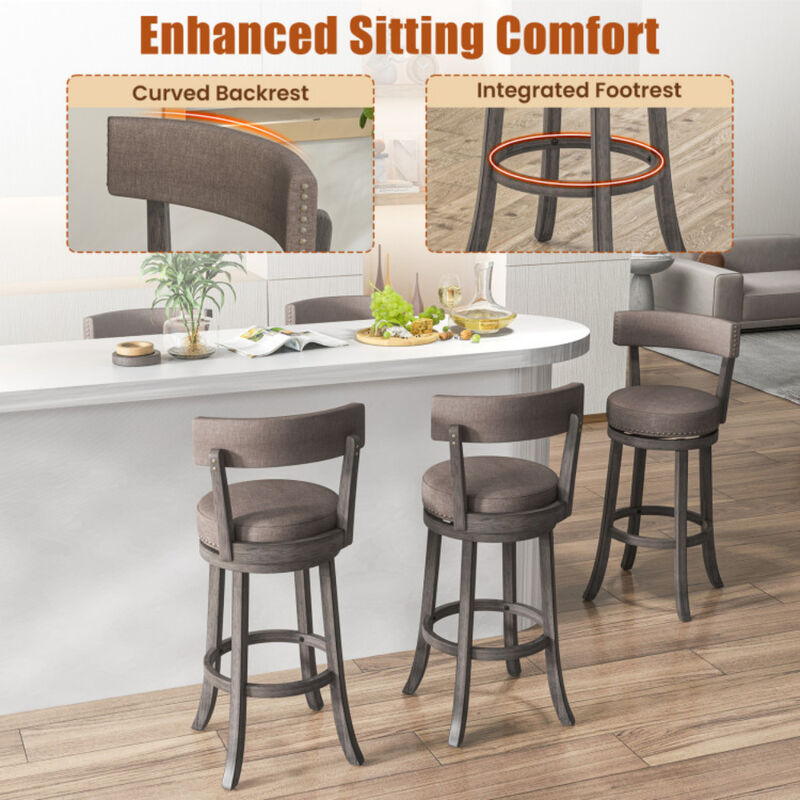 Set of 2 Counter Height Chairs with 360° Swivel Seat and Rubber Wood Frame