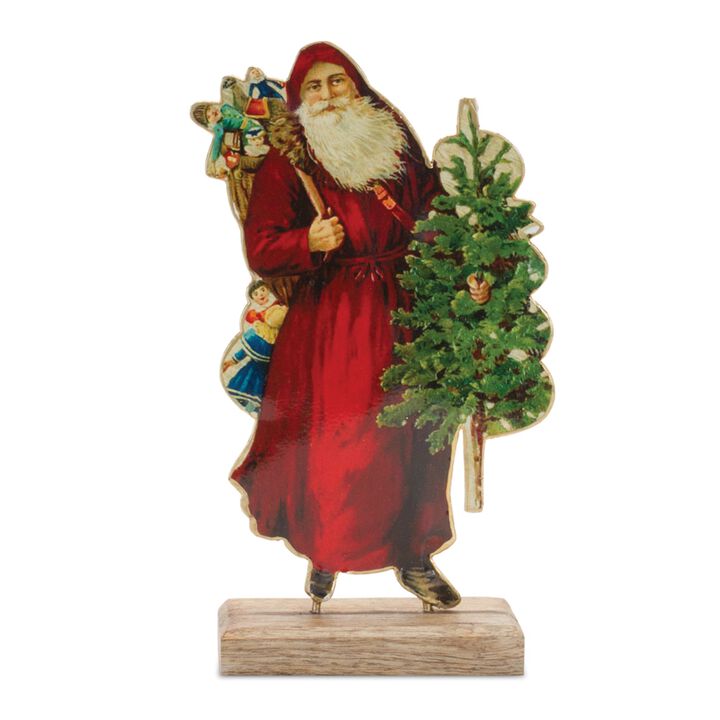 Retro-Style Metal Santa with Wooden Base for Festive Tabletop Accent