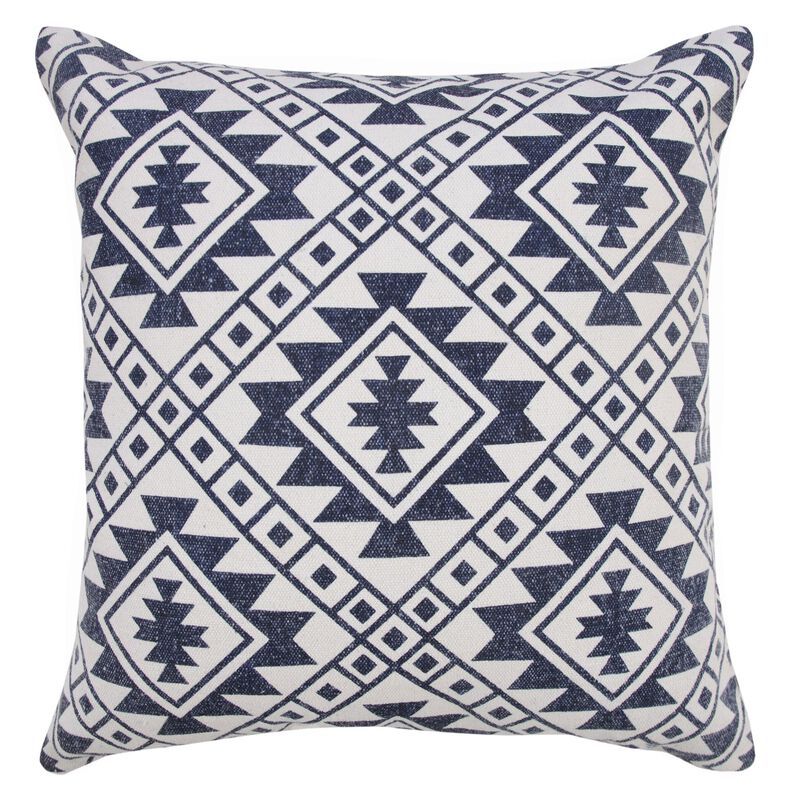 20" White and Blue Hand Woven Geometric Square Throw Pillow