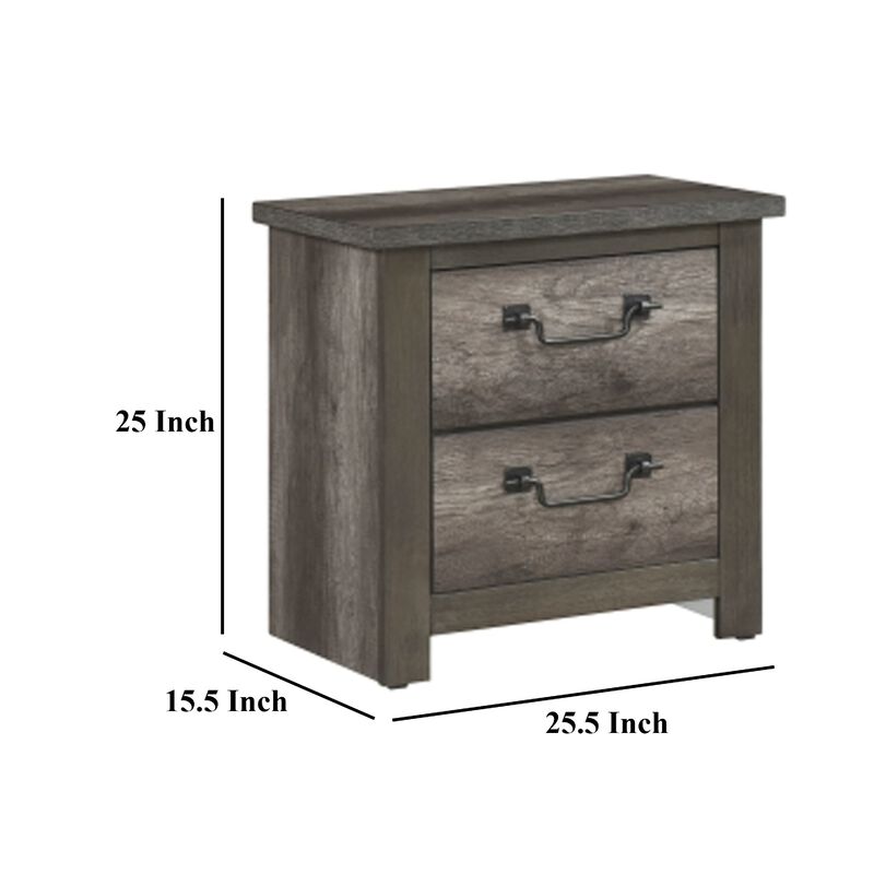 Nemy Nightstand, 2 Drawers, Gray Melamine Laminate, Drop Handles - Benzara