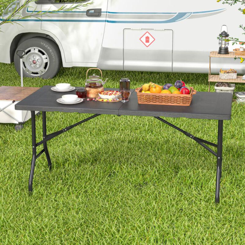 Hivvago 5FT Folding Picnic Table with Wood Grain HDPE Tabletop and  Non-slip Foot Pads