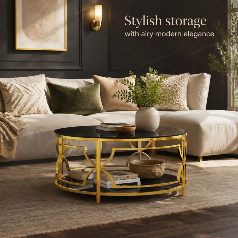GOODSILO Round Tempered Glass Coffee Table with Geometric Metal Frame, Lower Shelf for Living Rooms and Small Modern Spaces image number 4