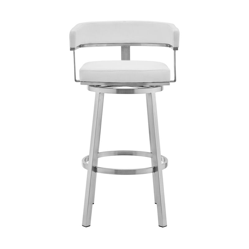 Hivvago 26 Inch White And Silver Faux Leather And Stainless Steel Low Back Counter Height Swivel Bar Chair