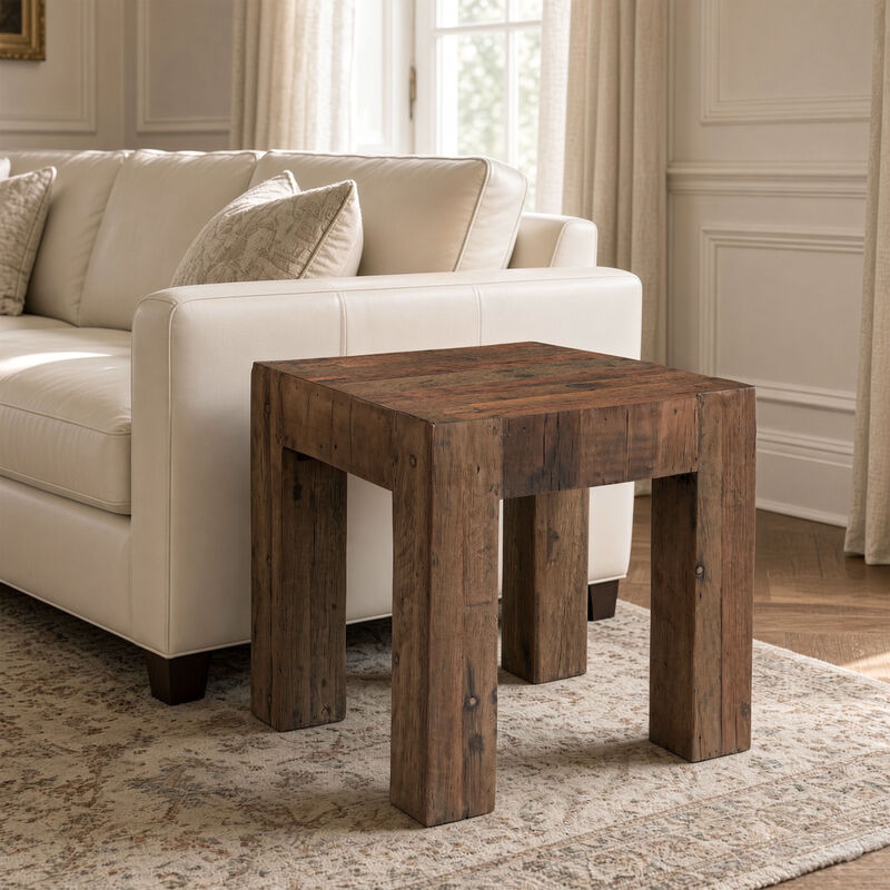 Kiosk Side End Table, Reclaimed Wood, Rustic Brown Finish, Chunky Block Legs, 20 Inch image number 6