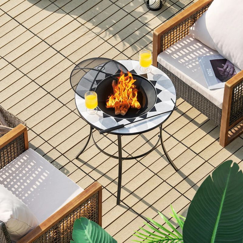 Mondawe 23.5" Round Steel Fire Pit Table with Mesh Cover & Poker, Black