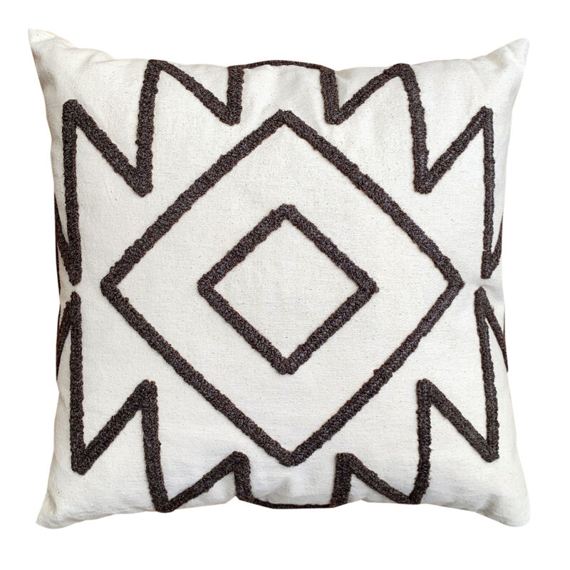 17 x 17 Inch 2 Piece Square Cotton Accent Throw Pillow Set with Modern Geodesic Aztec Design Embroidery, White, Gray