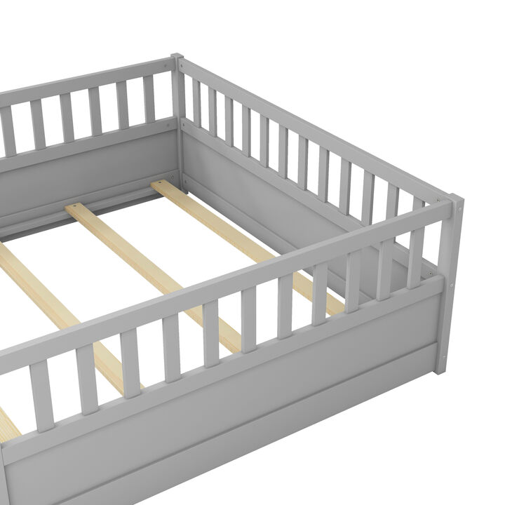 Floor Bed Frame for Kids with High Security Rails and Entry Door
