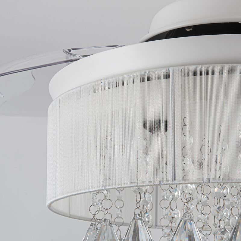 36 in. White Retractable 3 Blades Crystal Ceiling Fan Chandelier with Remote