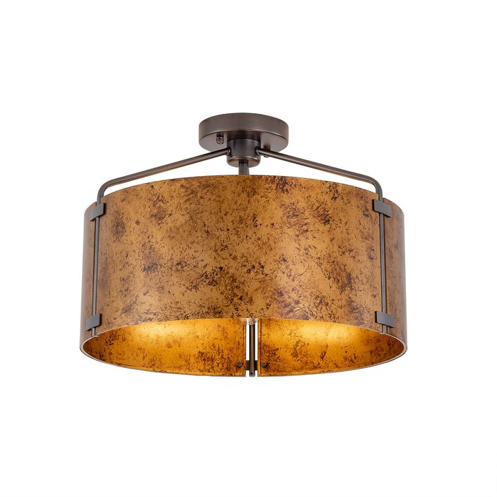 Milka 18" Rustic 3-Light Black and Brown Metal Drum Shade Flush Mount