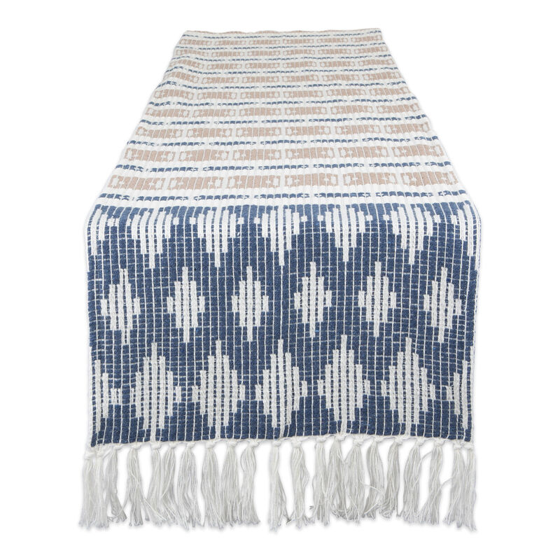 72" French Blue and White Rectangular Weaved Table Runner with Tassels