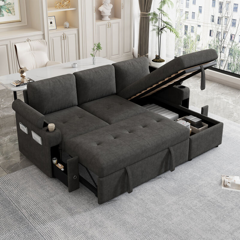 Frakip L‑Shaped Chenille Pull‑Out Sleeper Sectional Sofa image number 3