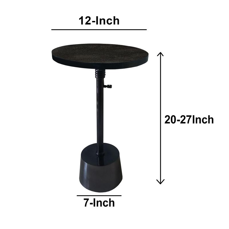 Aluminum Frame Round Side Table with Marble Top and Adjustable Height, Black-Benzara