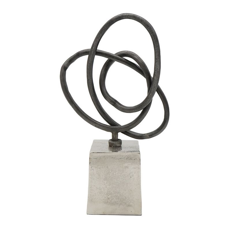 9 Inch Table Sculpture, Abstract Loop Design, Block Base, Black, Silver - Benzara