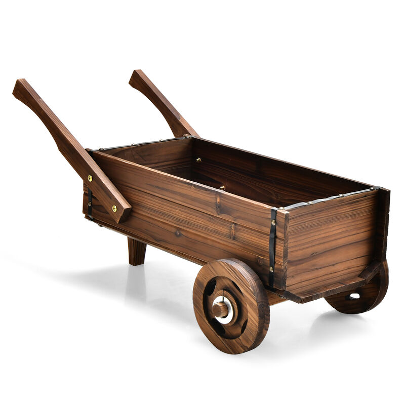 Wooden Wagon Planter Box with Wheels Handles and Drainage Hole