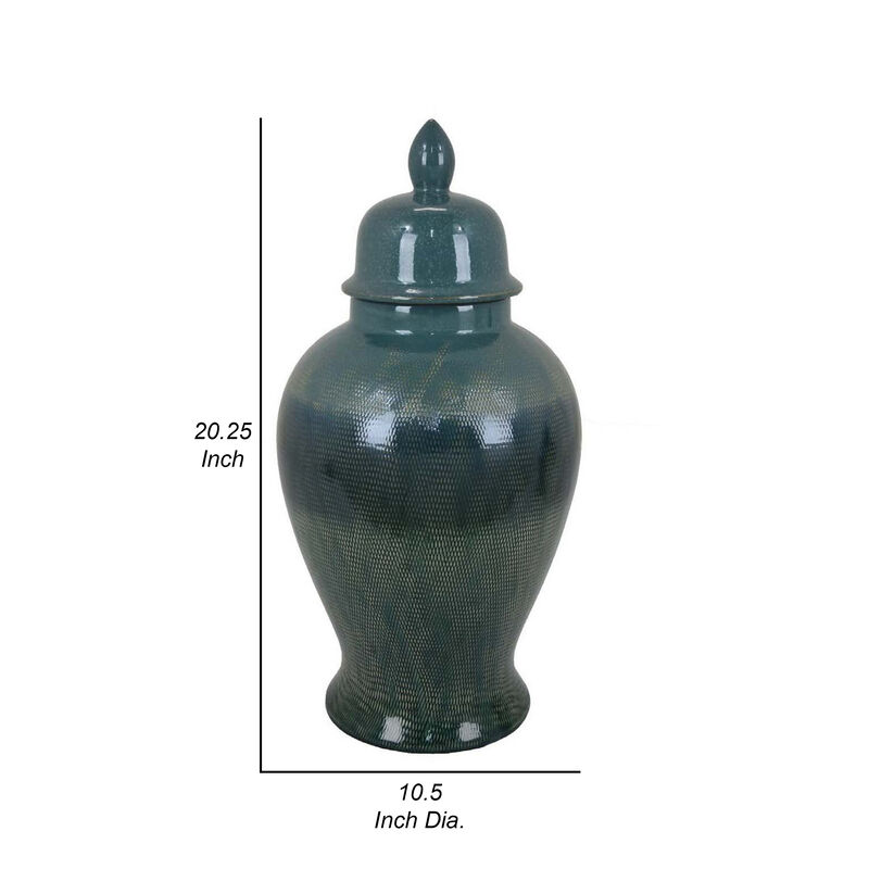 Caty 20 Inch Temple Jar, Finial Dome Lids, Classic, Ceramic, Green Finish - Benzara