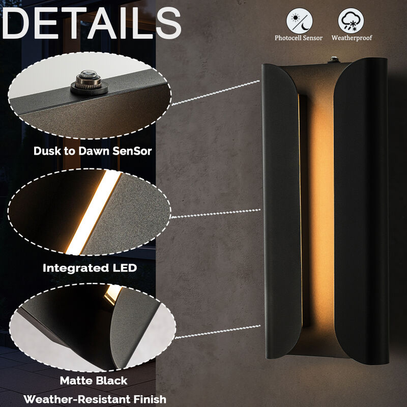 H15" Matte Black 24W Integrated LED Wall Sconce with Acrylic Shade Modern Simplicity Outdoor Wall Light with Dusk to Dawn Sensor for Porch Garage image number 4